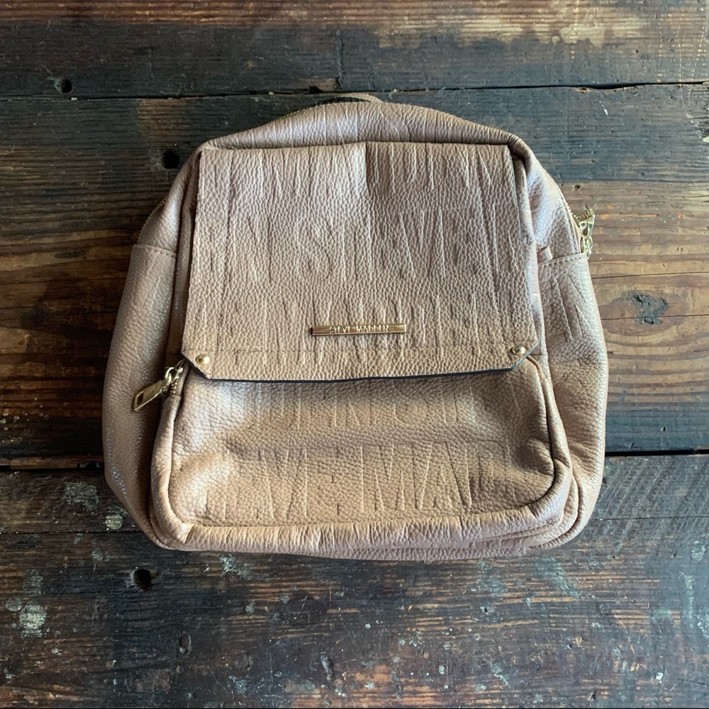 Steve Madden light Carmel brown vegan leather backpack gold details multi pocket